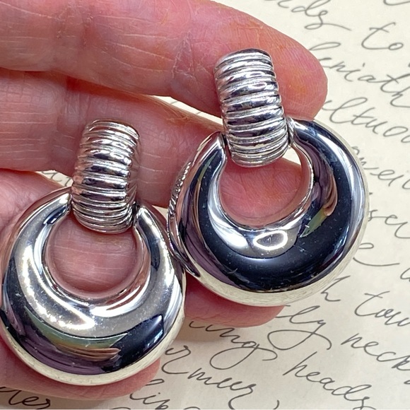 MONET Vintage Clip On Door Knocker Silver Tone Earrings - Picture 1 of 7